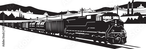 Vintage Train Traveling Through Scenic Mountain Landscape at Sunset