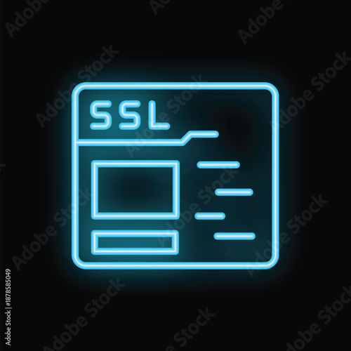 Glowing neon blue ssl certificate icon, representing a secure website connection for online safety