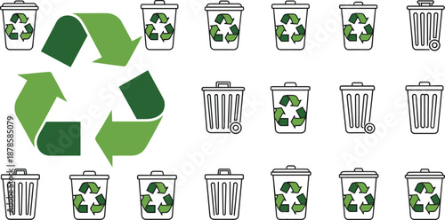 Recycling Bins and Green Recycle Symbol Icons Set for Waste Management and Sustainability Vector Illustration