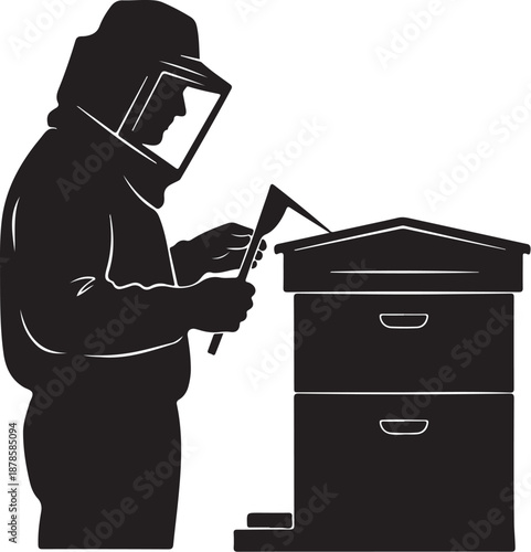 Beekeeper in protective gear inspecting a beehive carefully outside