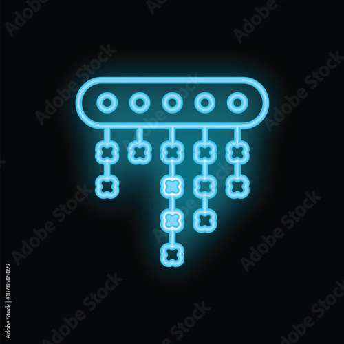 Neon blue chandelier light is shining in the dark, bringing a touch of elegance and modernity