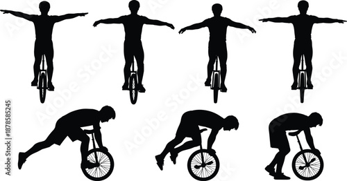 Unicycle rider silhouette set showing balancing tricks and stunts, isolated black figures on white background for sport, circus, freestyle, training and action design