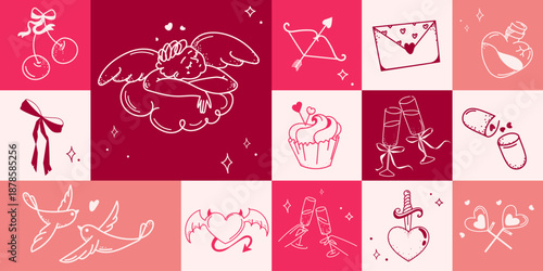 Valentine banner template with hand drawn romantic icons with cupid, hearts, arrows, champagne on a pink color grid for greeting cards, web banners, posters, and social media.Vector illustration
