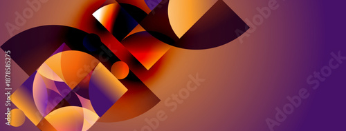 Abstract geometric shapes blend vibrant orange, purple hues. Dynamic composition creates modern visual impact. Smooth gradients suggest movement, depth.
