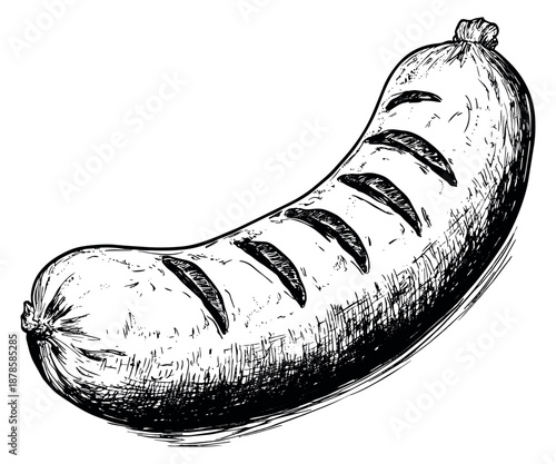 Hand drawn illustration of a grilled sausage depicting a delicious meal for food and cooking themes