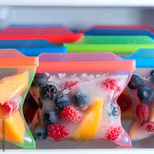 Fresh frozen fruits and vegetables stored in a zip bag on the refrigerator shelf