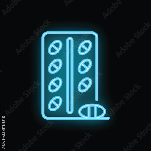 Glowing neon line pills in blister pack icon isolated on black background. Medical icon. Vector illustration