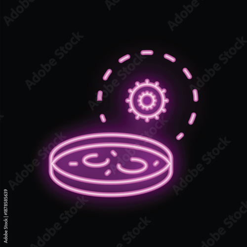 Neon icon of a virus contaminating a petri dish, representing scientific research