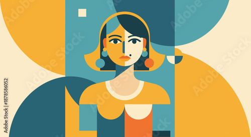 Striking retro-vintage illustration of a woman's abstract face, a modern geometric portrait showcasing a timeless aesthetic with bold shapes and a vibrant color palette