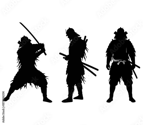 samurai with lots of hair shape lines all over the body with Katana sword black and white shape silhouette illustration on white background