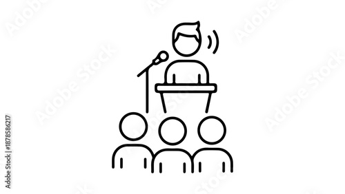 Public Speaker Giving Presentation At Podium In Front Of Audience During Conference Or Meeting line art vector illustration