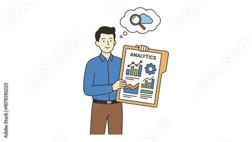 Person holding Analyst Presenting Data Analytics Report With Charts and Metrics on Clipboard Illustration