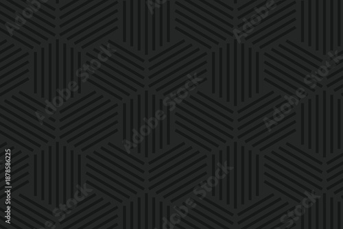 Dark geometric hexagon pattern background with subtle texture. Modern repeating design in deep black tones. Editable vector backdrop for luxury, corporate, and digital layouts.