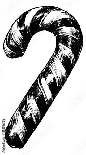 Hand drawn illustration of a candy cane depicting its traditional striped form for Christmas holiday designs
