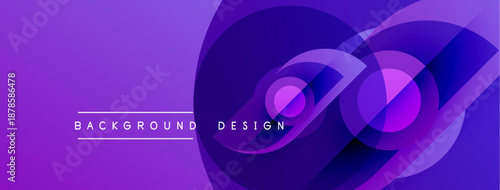 Abstract purple design features overlapping circles, gradients. Modern background with text elements, dynamic composition.