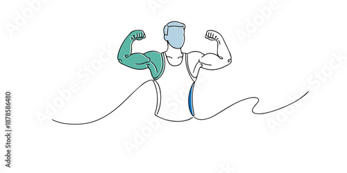 Line art illustration of a muscular man flexing his arms. Hand drawn artwork symbolizing strength, bodybuilding, fitness training, muscle growth, and healthy active lifestyle.
