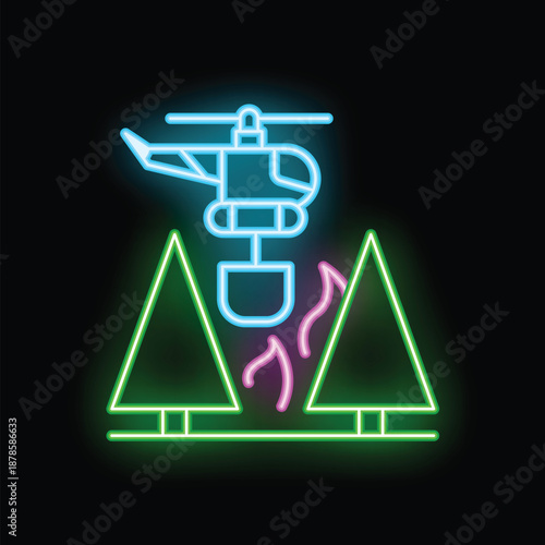 Neon icon of a blue helicopter carrying a bucket of water over burning trees