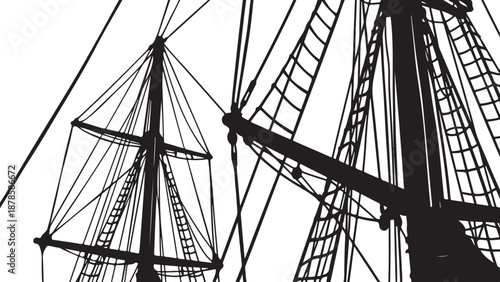 Silhouette of a ship's masts and rigging against white