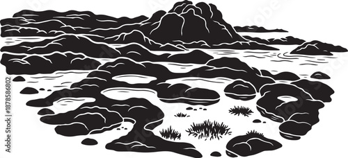 Black and White Illustration of Rocky Mountain Landscape Scene