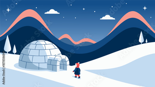 Winter Igloo and Snowy Landscape Vector Illustration with a Person in a Warm Coat