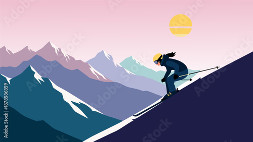 Vector illustration of a skier descending a snowy slope with majestic mountains and a sunset in the background