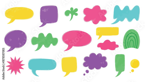Colorful Hand Drawn Speech and Thought Bubbles Vector Set with Texture