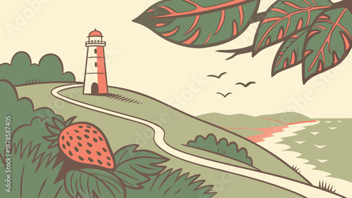 Illustration of a scenic coastal landscape with a lighthouse and strawberry