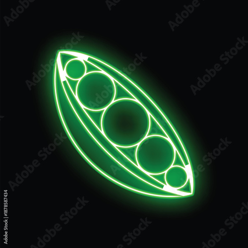 Glowing neon sign depicting an open peapod with peas inside, on a black background