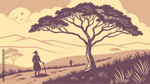 Illustration of a person walking under a tree in a savannah landscape with mountains
