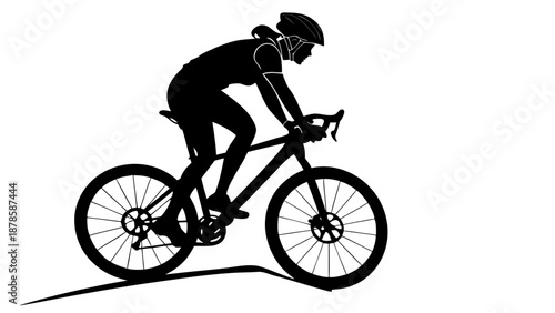 A black silhouette of a cyclist riding a bicycle with a helmet and wheels