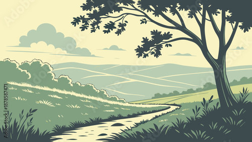 A serene landscape with a tree by a winding stream in a green valley under a cloudy sky at sunset