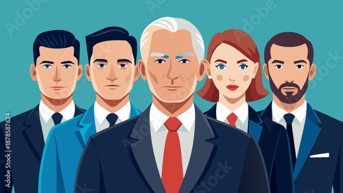 A group of business professionals standing together in a row illustration