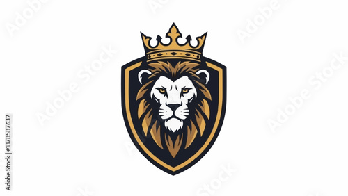 Majestic Lion Head Emblem with Golden Crown and Shield.
