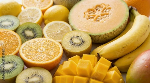 Assorted Fresh Fruits Displayed on White Surface with Natural Lighting Featuring Oranges Kiwi Lemons Bananas Mango Melon and Various Colors and Textures