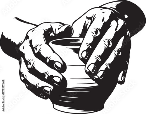 Hands shaping a clay pot with a wire tool