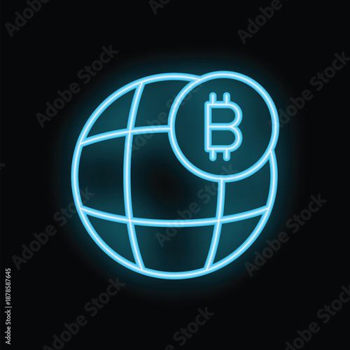 Glowing neon blue bitcoin sign overlaying a globe on a black background representing the concept of worldwide cryptocurrency