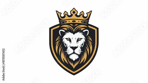 Majestic Lion Head Emblem with Golden Crown and Shield.