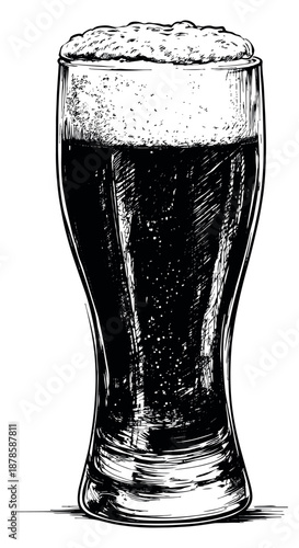 Hand drawn line art illustration of a glass of dark beer depicting a frothy head for a pub menu