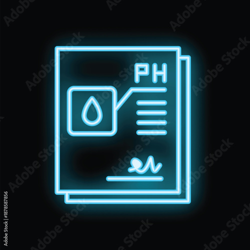 Glowing neon icon of a water acidity testing report document with signature on black background