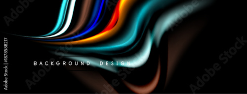 Abstract fluid shapes, vibrant colors, dark background. Dynamic flow creates modern design element. Smooth curves suggest movement, energy.