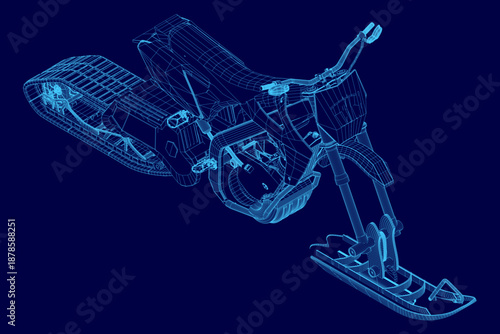 A detailed 3D wireframe model of a snowbike motor, presented as a technical blueprint on a solid blue background for clear visualization.
