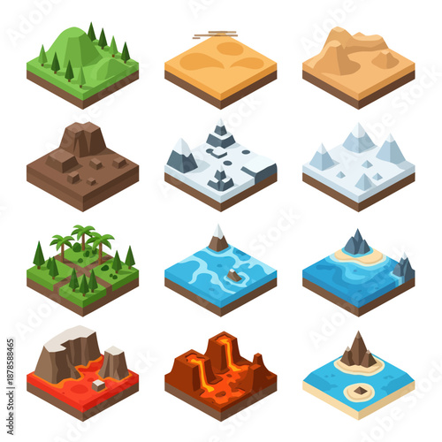 3D Landscape Icons Featuring Various Terrains.