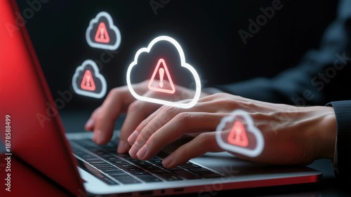 Cloud outage. Incident within cloud infrastructure. Application service unavailable. Businessperson using laptop computer.
