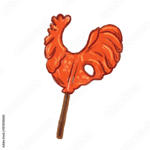 Traditional Russian lollipop doodle candy in a shape of a rooster. Slavic candy on a stick. Hand drawn crayon vector illustration. Maslenitsa object
