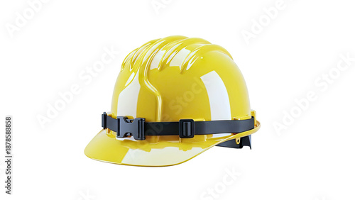 Yellow hard hat with black strap and buckle on a white background