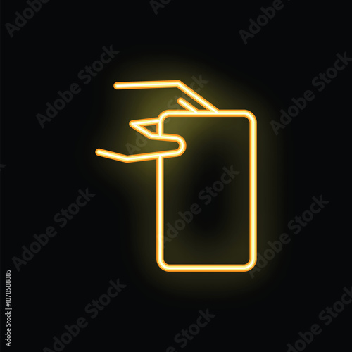 Yellow glowing neon sign representing hands holding a smartphone on a black background