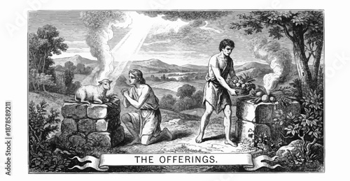 The Offerings

Cain and Abel presenting their offerings to God, Abel offering a lamb while Cain offers fruits of the field, smoke rising unevenly toward the heavens, open countryside with distant hill