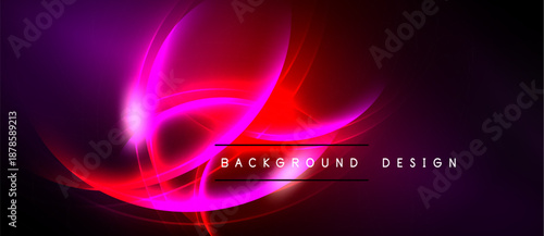 Vibrant abstract background. Swirling neon lights create dynamic energy, purple, red hues dominate dark space. Modern design element.