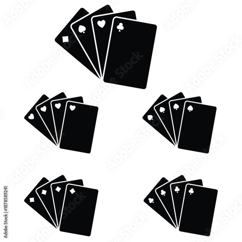 Playing card hand icon set in black silhouette style. Clear casino and game symbols for interface or print use. Editable vector graphics for poker and gambling design.