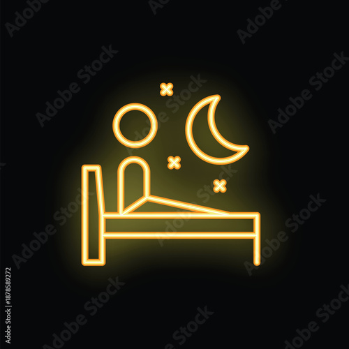Yellow neon icon of a person sleeping in bed under the moon and stars